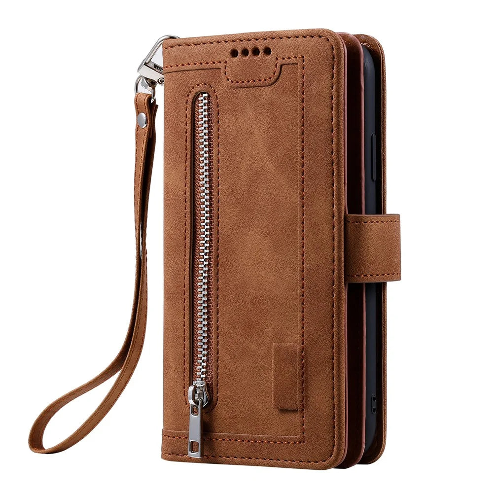 For Samsung Galaxy S25 Edge Case PU Leather Phone Cover with Zipper Wallet 9 Card Slots - Brown - 7