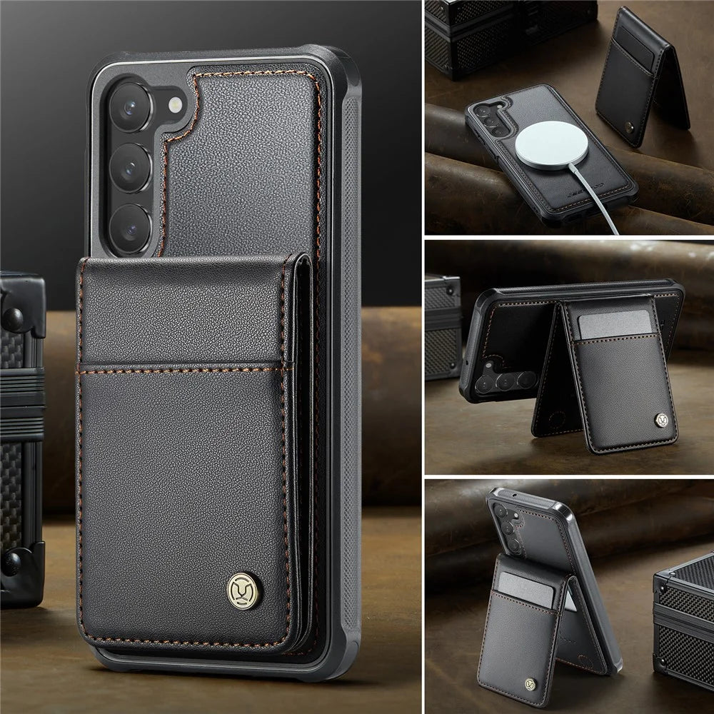 JEEHOOD For Samsung Galaxy S23+ Leather Back Cover Magnetic Case  J06 Phone Case with Card Bag RFID Blocking - Black - 4