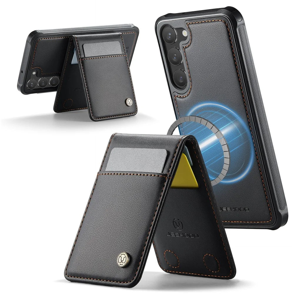JEEHOOD For Samsung Galaxy S23 Leather Back Cover Magnetic Case  J06 Phone Case with Card Bag RFID Blocking - Black - 2