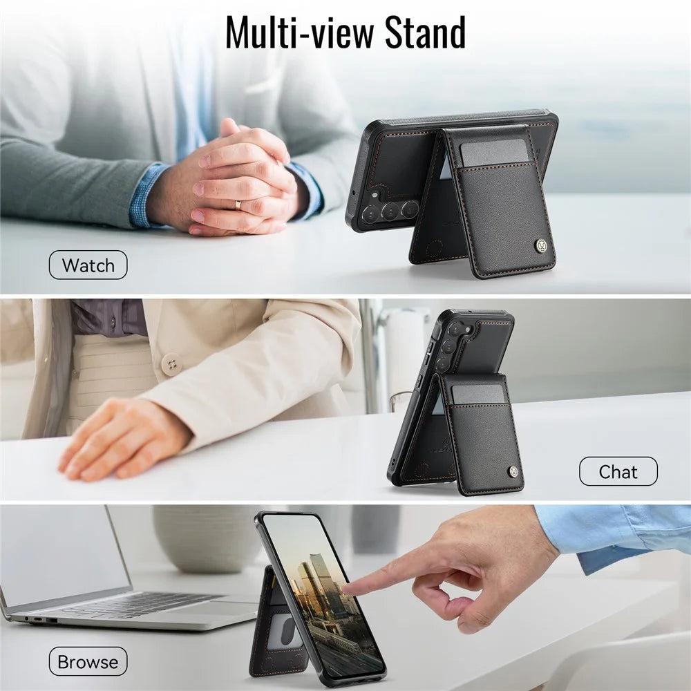 JEEHOOD For Samsung Galaxy S23 Leather Back Cover Magnetic Case  J06 Phone Case with Card Bag RFID Blocking - Black - 6