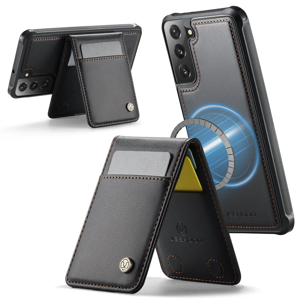 JEEHOOD For Samsung Galaxy S22 5G Leather Back Cover Magnetic Case  J06 Phone Case with Card Bag RFID Blocking - Black - 2