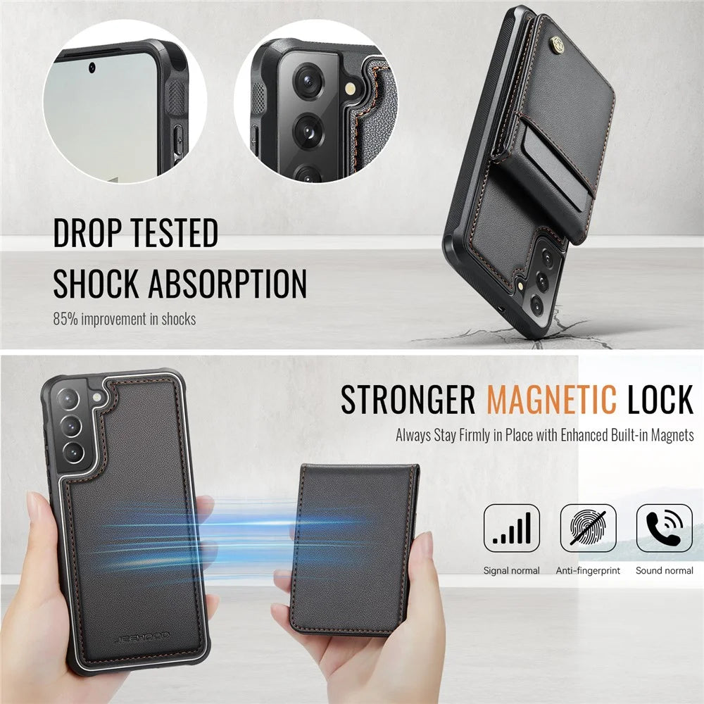 JEEHOOD For Samsung Galaxy S22 5G Leather Back Cover Magnetic Case  J06 Phone Case with Card Bag RFID Blocking - Black - 5