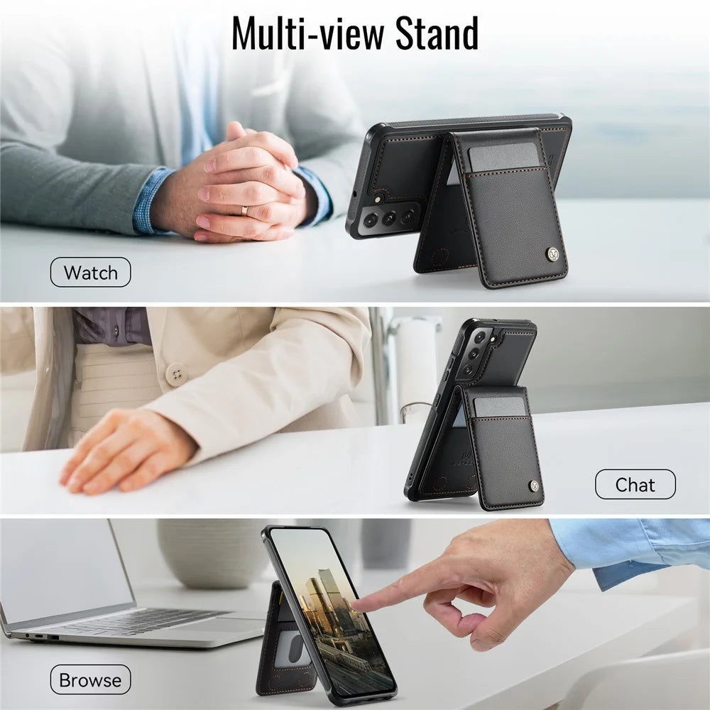 JEEHOOD For Samsung Galaxy S22 5G Leather Back Cover Magnetic Case  J06 Phone Case with Card Bag RFID Blocking - Black - 6
