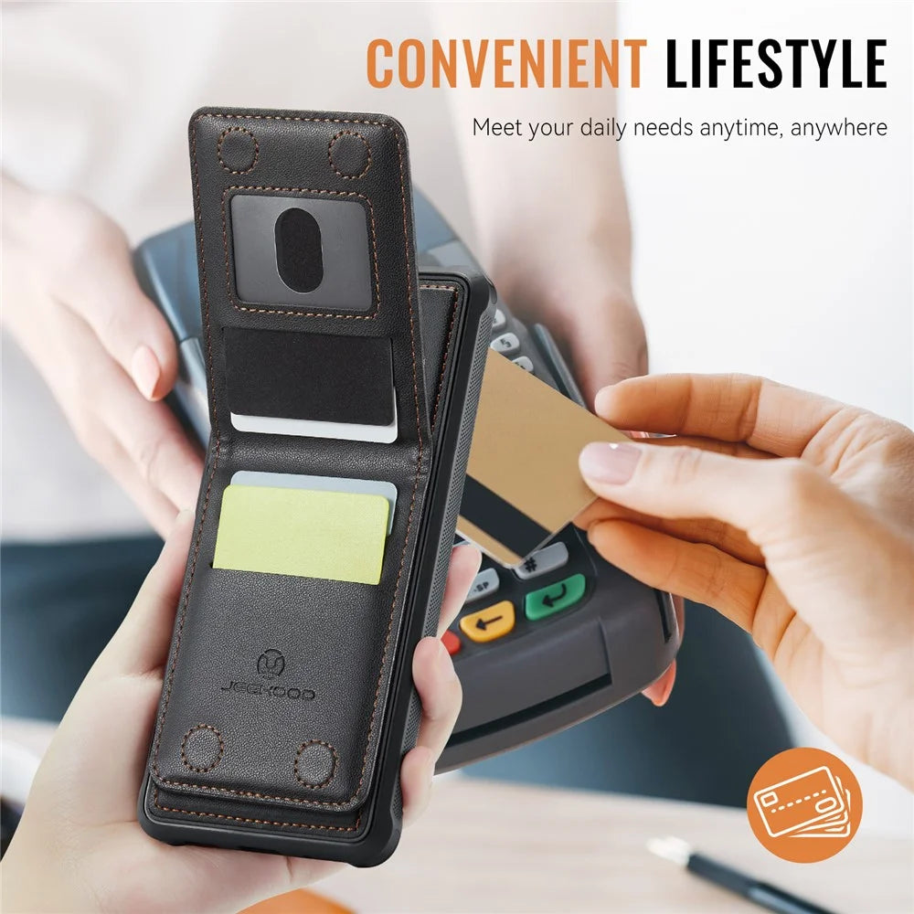JEEHOOD For Samsung Galaxy S22 5G Leather Back Cover Magnetic Case  J06 Phone Case with Card Bag RFID Blocking - Black - 7