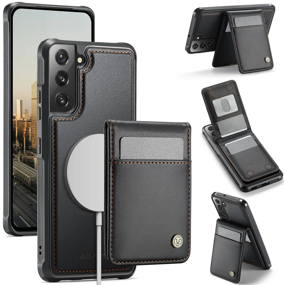 JEEHOOD For Samsung Galaxy S22+ 5G Leather Back Cover Magnetic Case  J06 Phone Case with Card Bag RFID Blocking - Black - 1