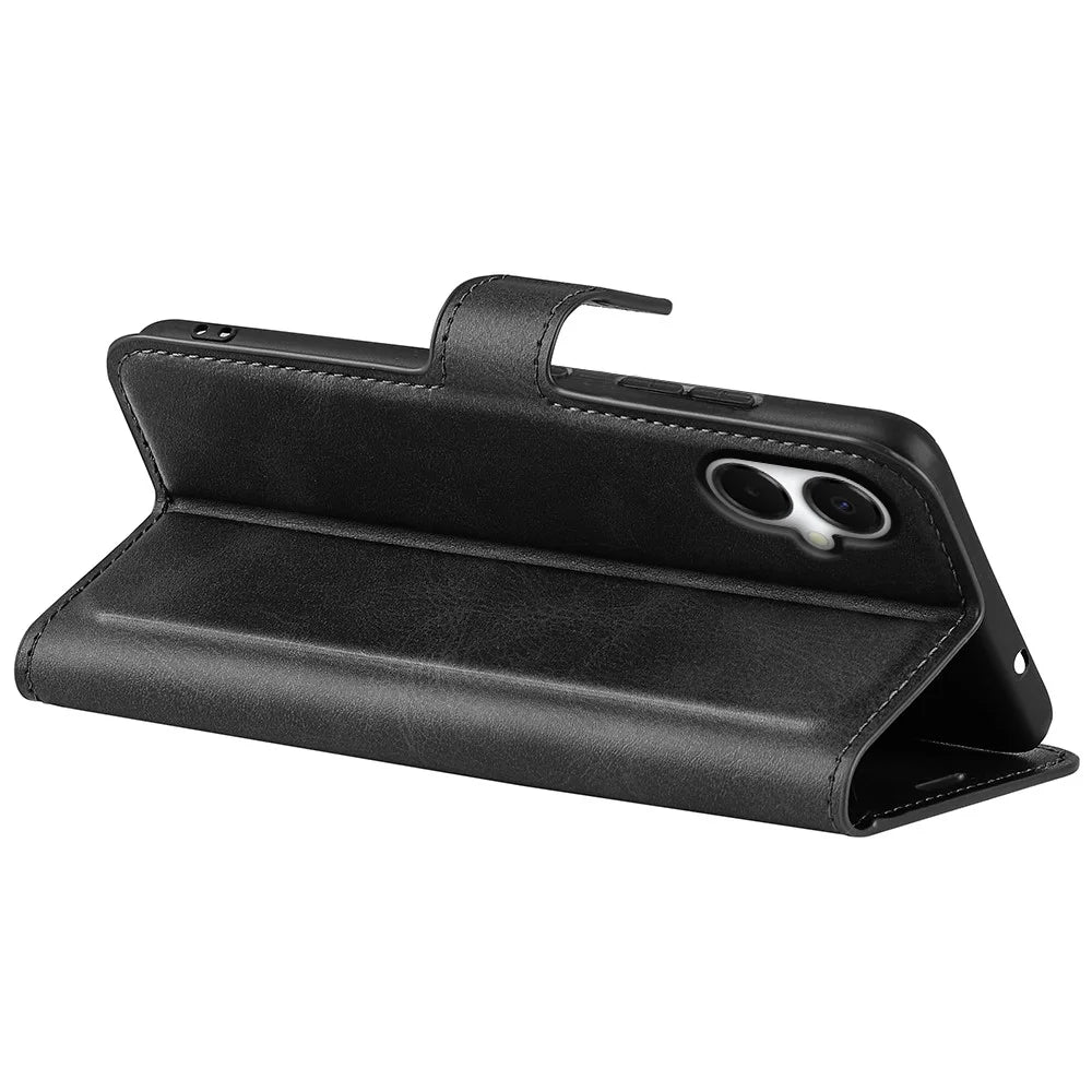 For Samsung Galaxy A06 5G Stand Case Anti-Scratch Calf Texture Leather Phone Cover - Black - 4