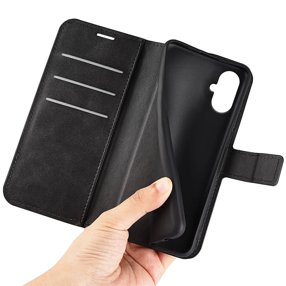 For Samsung Galaxy A06 5G Stand Case Anti-Scratch Calf Texture Leather Phone Cover - Black - 5