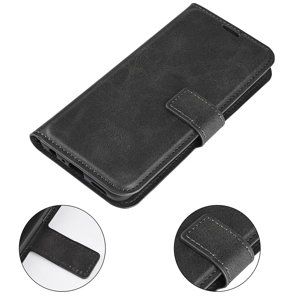 For Samsung Galaxy A06 5G Stand Case Anti-Scratch Calf Texture Leather Phone Cover - Black - 6