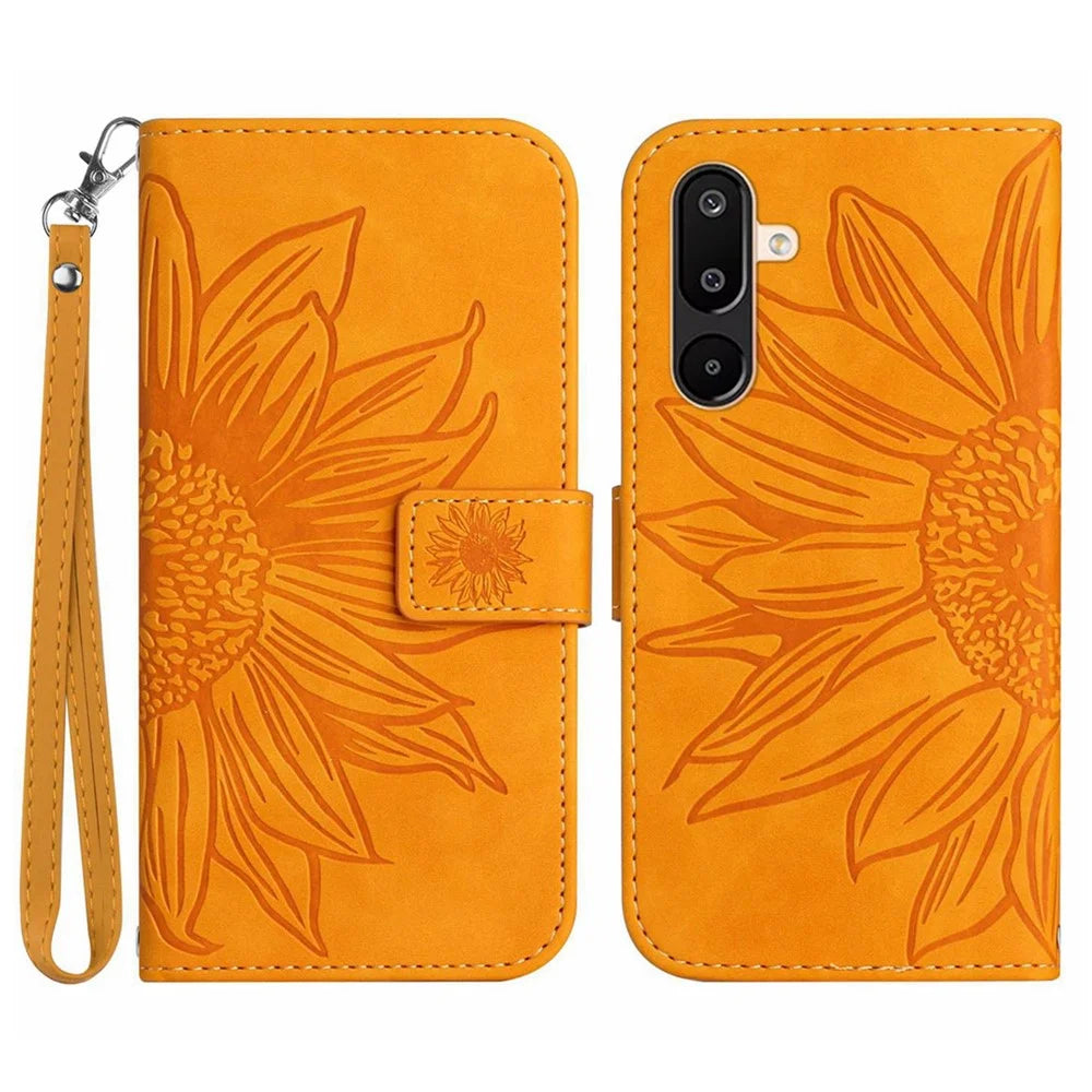 For Samsung Galaxy M16 5G / F16 5G Case Sunflower Imprint Leather Wallet Phone Cover with Wrist Strap - Yellow - 1