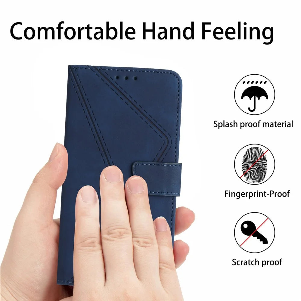 For Samsung Galaxy F06 5G / M06 5G Case Skin Touch Lines Imprinted PU Leather Flip Phone Cover - Blue - 5
