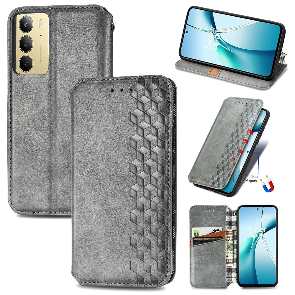 For Realme C75 4G Case Rhombus Imprint PU Leather Wallet Phone Cover - Grey - 1