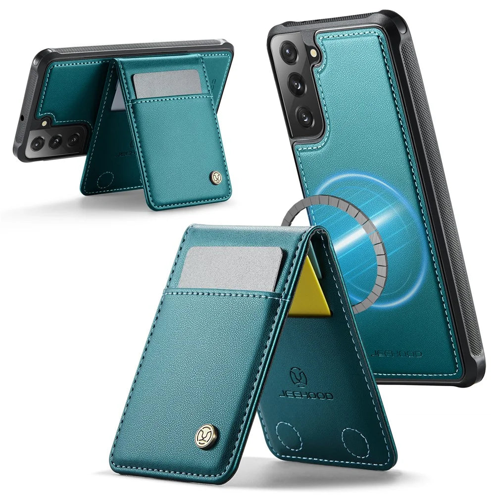 JEEHOOD For Samsung Galaxy S21 FE 5G Leather Back Cover Magnetic Case  J06 Phone Case with Card Bag RFID Blocking - Blue - 2