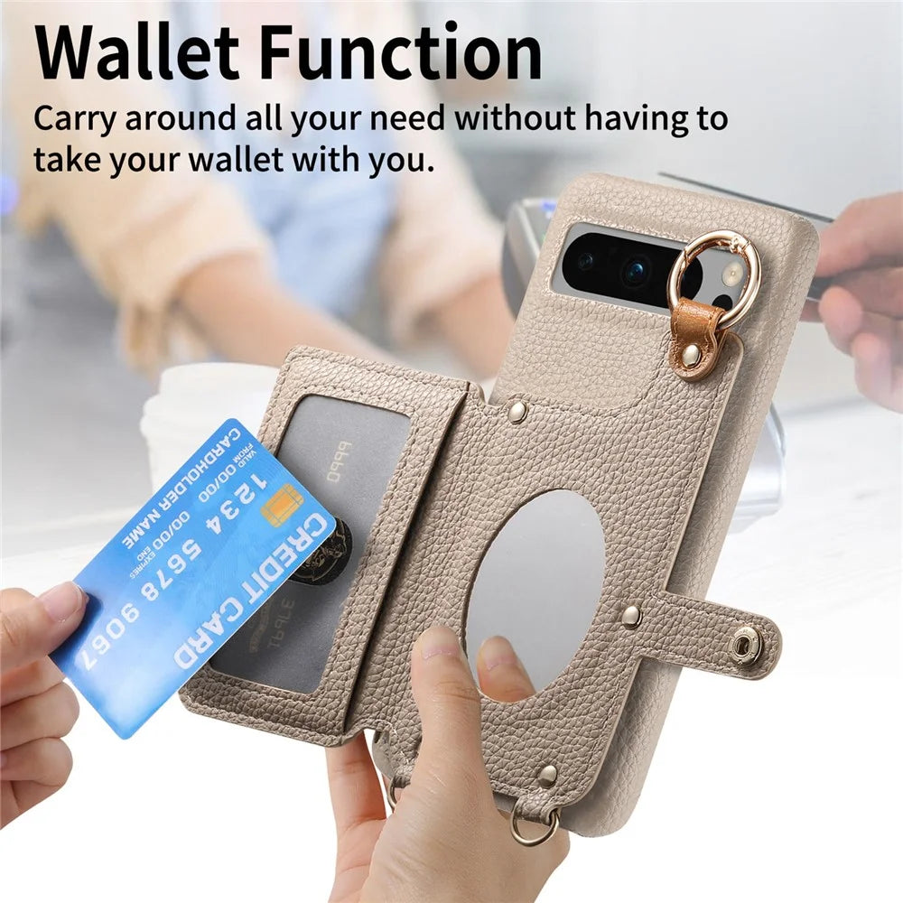 For Google Pixel 8 Pro Leather Phone Back Cover Zipper Card Holder Kickstand with Mirror and Long Strap - Khaki Grey - 7