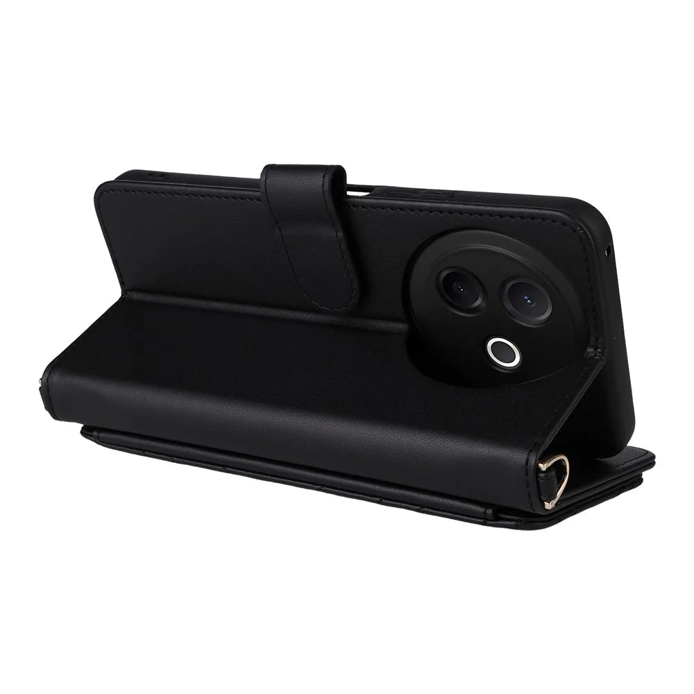 For vivo Y39 5G  /  Y300i 5G Wallet Case with Shoulder / Wrist Strap Leather Phone Cover Stand - Black - 6