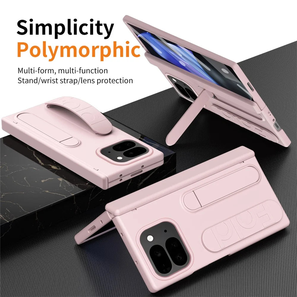 For Google Pixel 10 Pro Fold Case Kickstand Wristband PC Phone Cover with Tempered Glass Film - Pink - 2