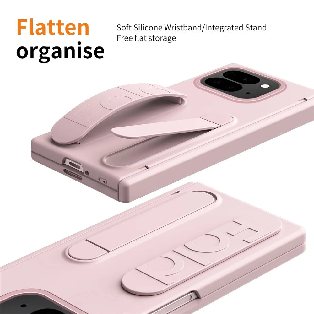 For Google Pixel 10 Pro Fold Case Kickstand Wristband PC Phone Cover with Tempered Glass Film - Pink - 5