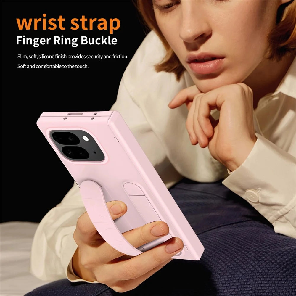 For Google Pixel 10 Pro Fold Case Kickstand Wristband PC Phone Cover with Tempered Glass Film - Pink - 7