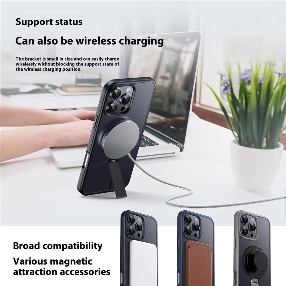 For iPhone 16 Pro Case Compatible with MagSafe Rotating Straight Kickstand TPU + PC Matte Phone Cover - Black - 2