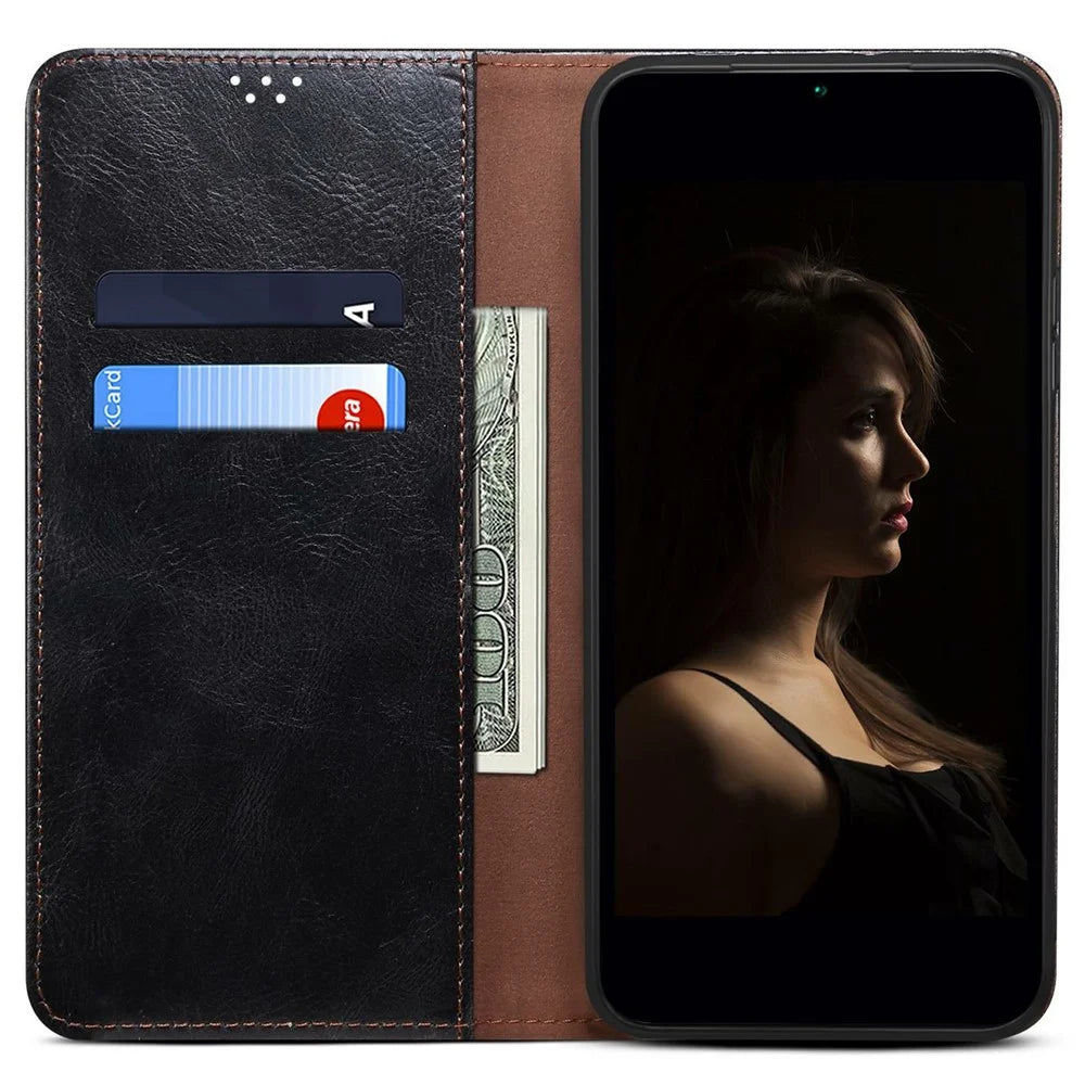 For Samsung Galaxy M06 5G / F06 5G Case Crazy Horse Texture Waxy Leather Wallet Stand Phone Cover - Black - 2