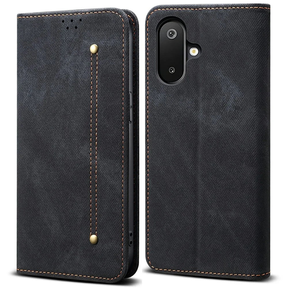 For Samsung Galaxy M06 5G / F06 5G Case Jeans Cloth Texture Anti-Scratch Leather Stand Phone Cover - Black - 1