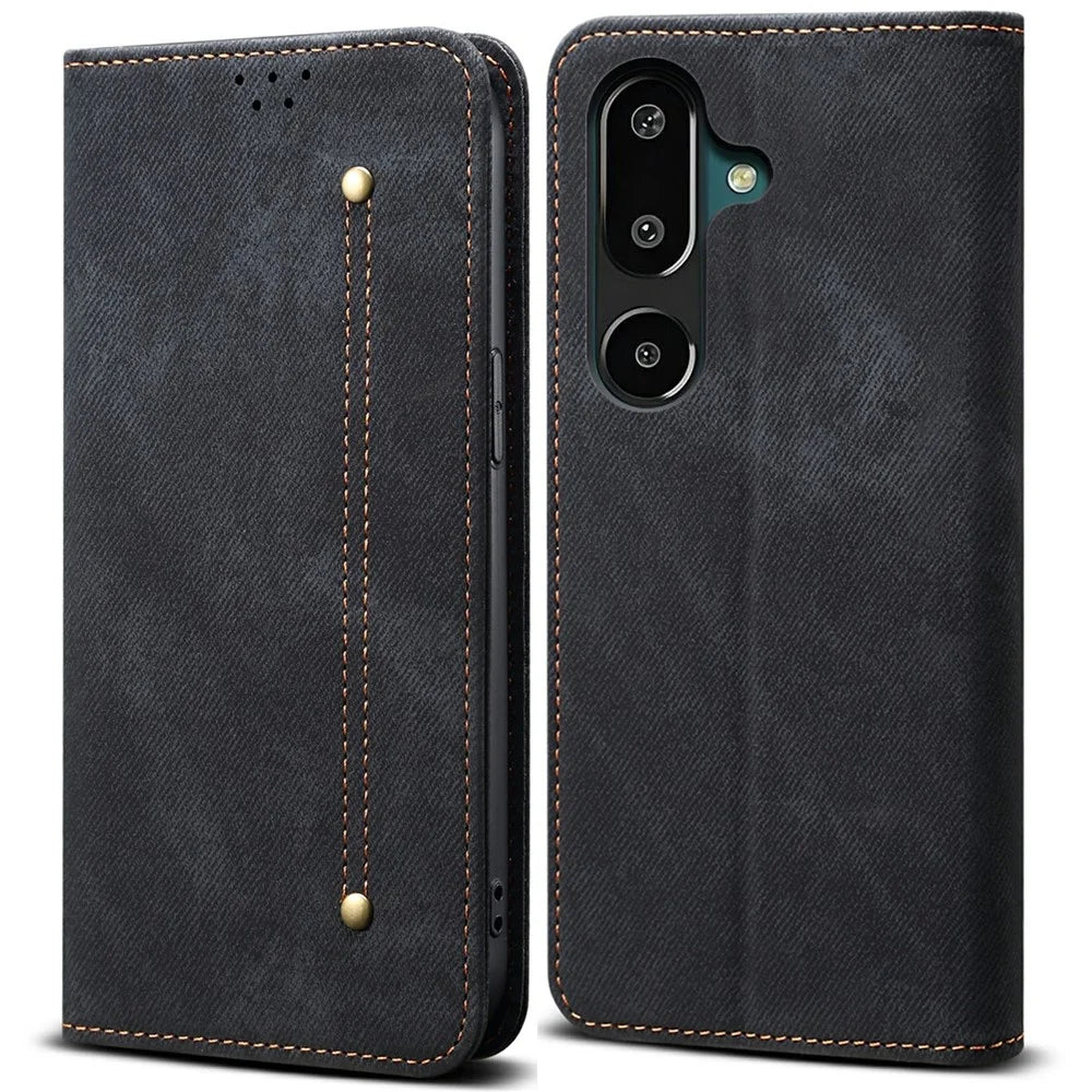 For Samsung Galaxy M16 5G / F16 5G Case Jeans Cloth Texture Anti-Scratch Leather Stand Phone Cover - Black - 1