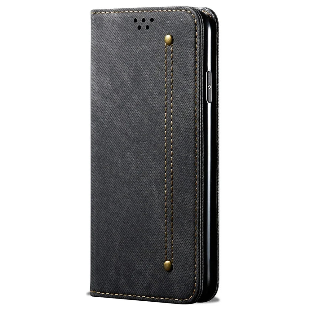 For Samsung Galaxy M16 5G / F16 5G Case Jeans Cloth Texture Anti-Scratch Leather Stand Phone Cover - Black - 5