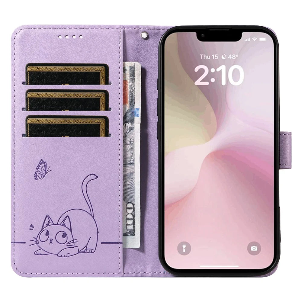 For iPhone 17e / 16e Wallet Case Cat Pattern Imprint Leather Phone Cover with Wrist Strap - Light Purple - 2