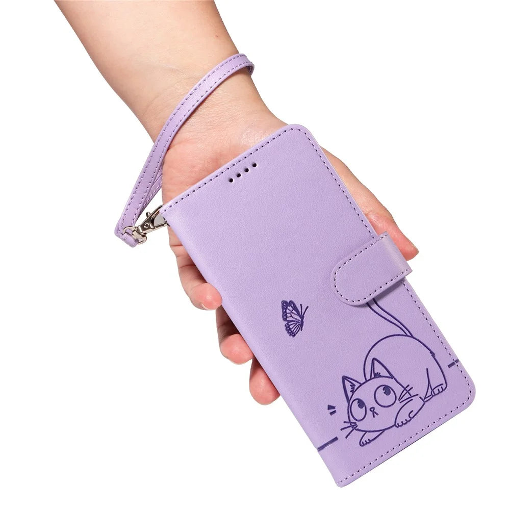 For Samsung Galaxy A18 5G / A17 5G / A17 4G / A26 5G / A16 5G / A16 4G Wallet Case Cat Pattern Imprint Leather Phone Cover with Wrist Strap - Light Purple - 5