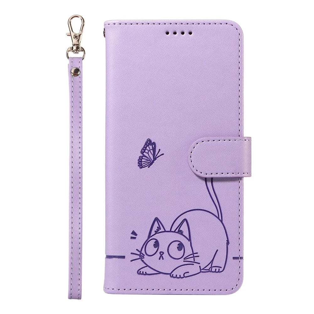 For Samsung Galaxy A18 5G / A17 5G / A17 4G / A26 5G / A16 5G / A16 4G Wallet Case Cat Pattern Imprint Leather Phone Cover with Wrist Strap - Light Purple - 6