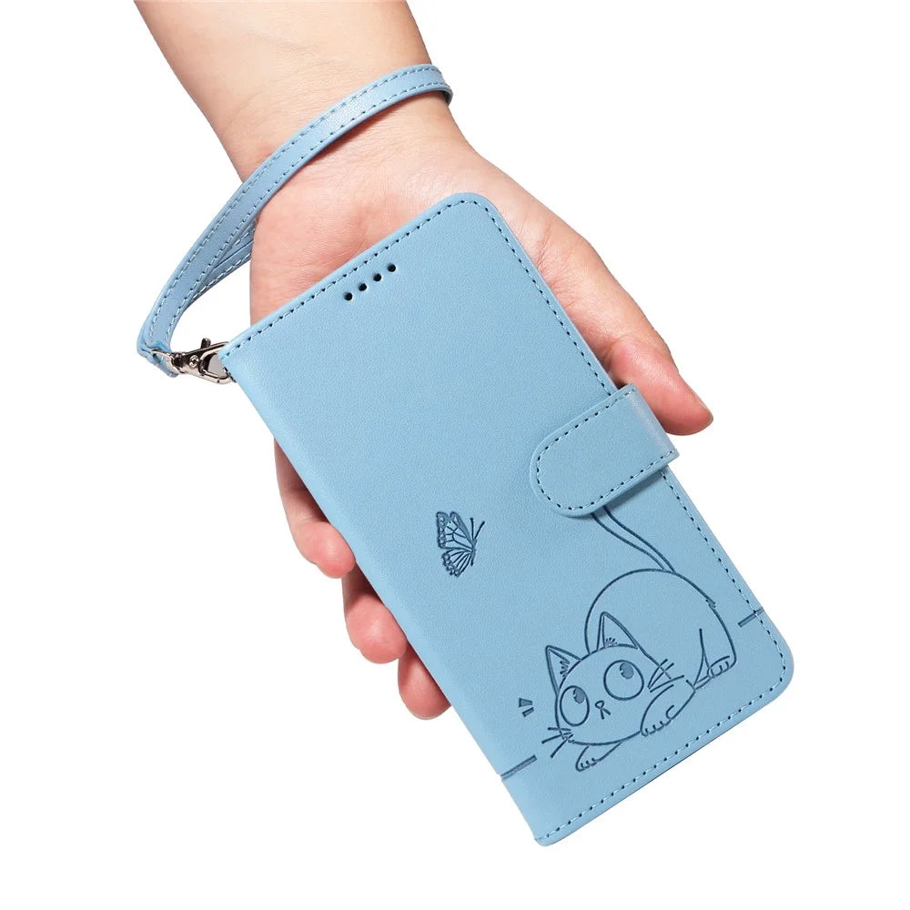 For Samsung Galaxy S25+ / S24+ Wallet Case Cat Pattern Imprint Leather Phone Cover with Wrist Strap - Sky Blue - 5