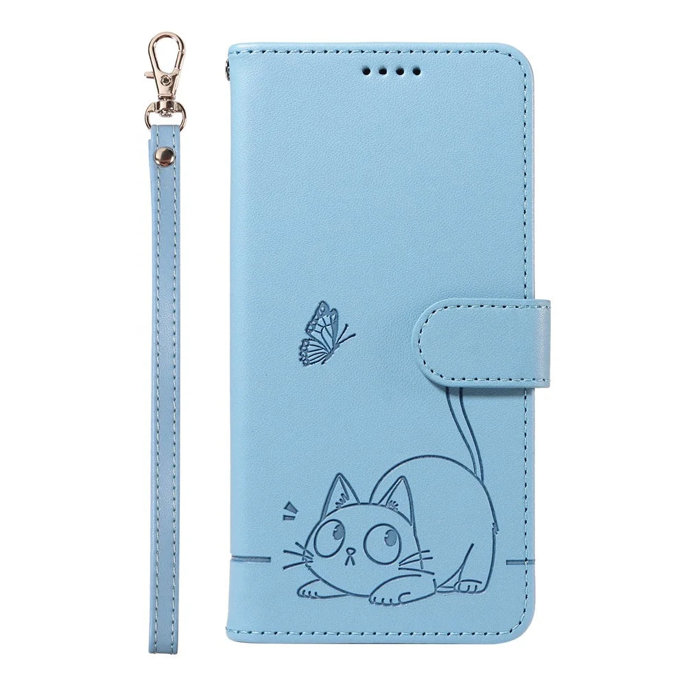 For Samsung Galaxy S25+ / S24+ Wallet Case Cat Pattern Imprint Leather Phone Cover with Wrist Strap - Sky Blue - 6