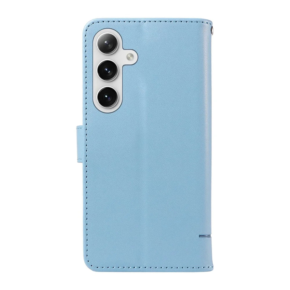 For Samsung Galaxy S25+ / S24+ Wallet Case Cat Pattern Imprint Leather Phone Cover with Wrist Strap - Sky Blue - 7