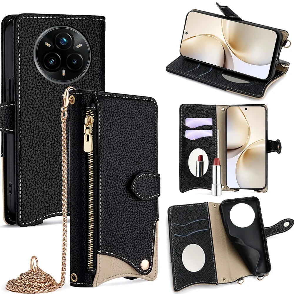 For Realme 14 Pro 5G Wallet Case Fishtail Design Leather Phone Cover with Mirror / Stand / Strap - Black - 1