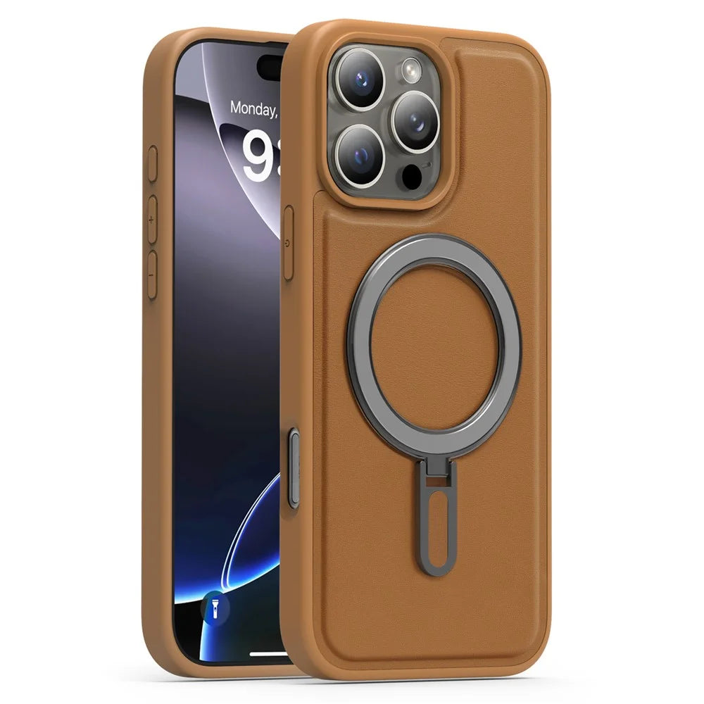 For iPhone 16 Pro Max Case Compatible with MagSafe TPU + PU Kickstand Phone Back Cover - Brown - 1