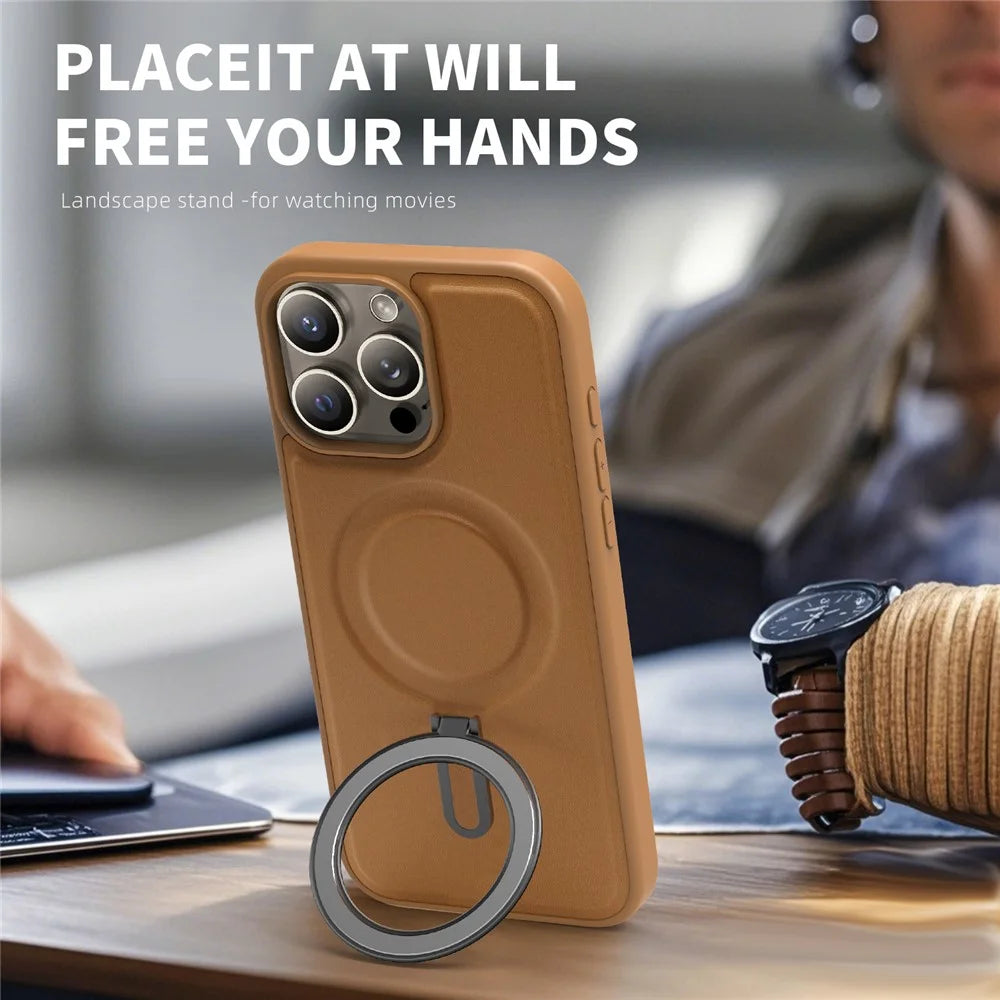 For iPhone 16 Pro Max Case Compatible with MagSafe TPU + PU Kickstand Phone Back Cover - Brown - 6