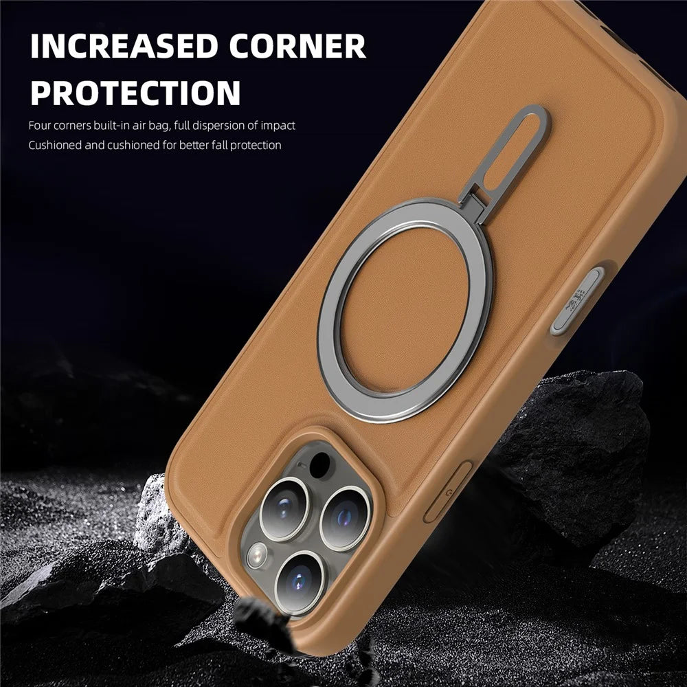 For iPhone 16 Pro Case Compatible with MagSafe TPU + PU Kickstand Phone Back Cover - Brown - 2