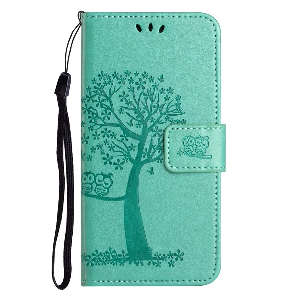 For Samsung Galaxy A07 4G / A06 5G / A06 4G Case PU Leather Owl Tree Imprinted Wallet Phone Cover - Cyan - 4