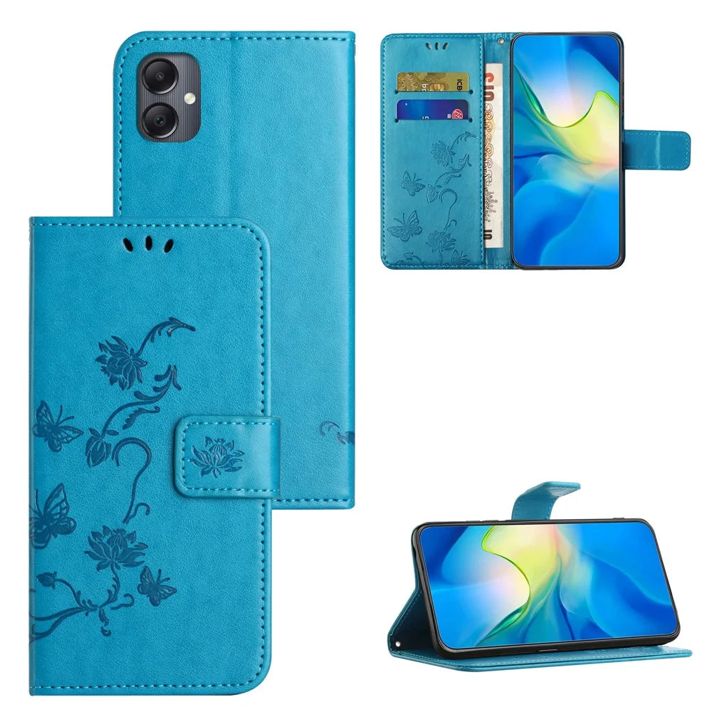 For Samsung Galaxy A07 4G / A06 5G / A06 4G Case Wallet Stand Imprinted Butterfly Flower PU Leather Phone Cover - Blue - 6