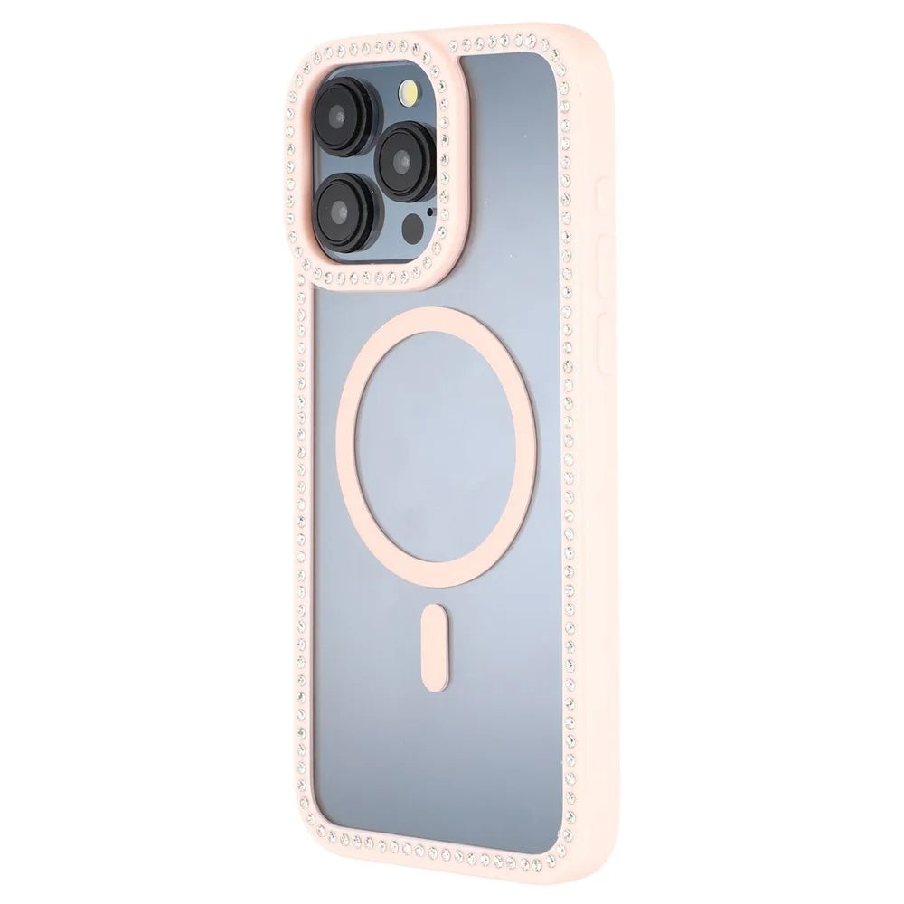 For iPhone 15 Pro Case Compatible with MagSafe Sparkling Rhinestone Decor TPU + PC Clear Phone Back Cover - Pink - 3