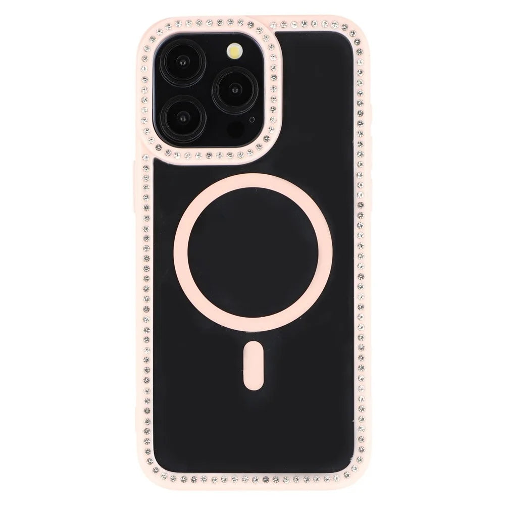 For iPhone 15 Pro Case Compatible with MagSafe Sparkling Rhinestone Decor TPU + PC Clear Phone Back Cover - Pink - 4