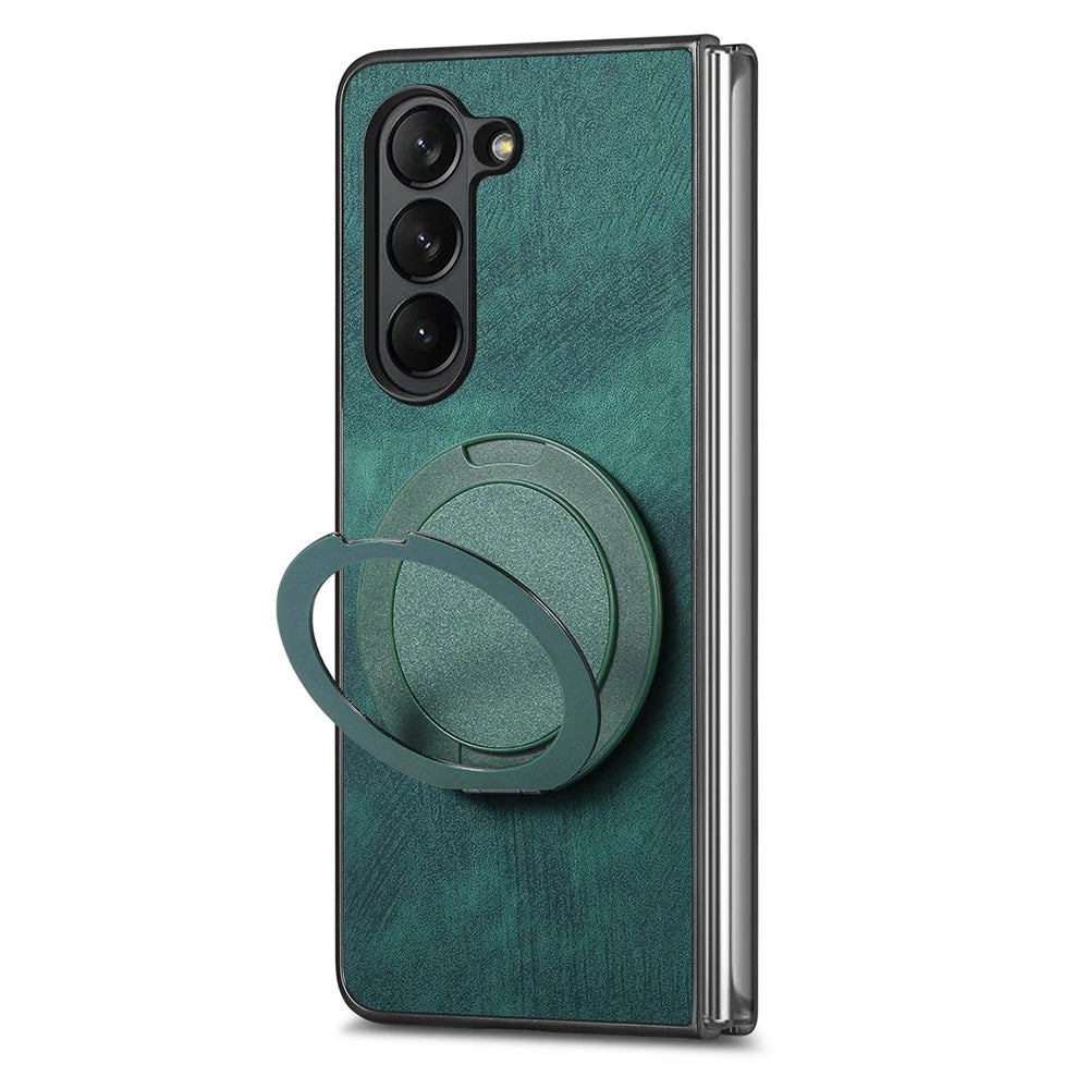 For Samsung Galaxy Z Fold5 5G Phone Case with Rotating Kickstand Stress Relief Retro Leather Back Cover - Green - 2