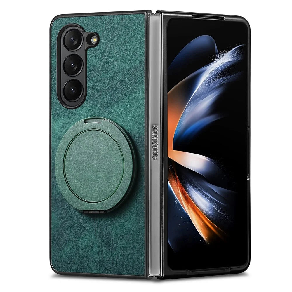 For Samsung Galaxy Z Fold5 5G Phone Case with Rotating Kickstand Stress Relief Retro Leather Back Cover - Green - 4