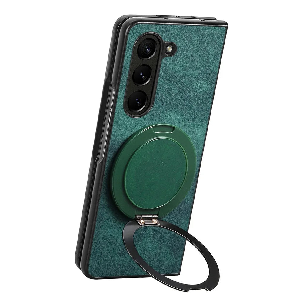 For Samsung Galaxy Z Fold5 5G Phone Case with Rotating Kickstand Stress Relief Retro Leather Back Cover - Green - 5