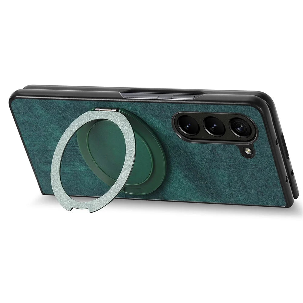 For Samsung Galaxy Z Fold5 5G Phone Case with Rotating Kickstand Stress Relief Retro Leather Back Cover - Green - 6