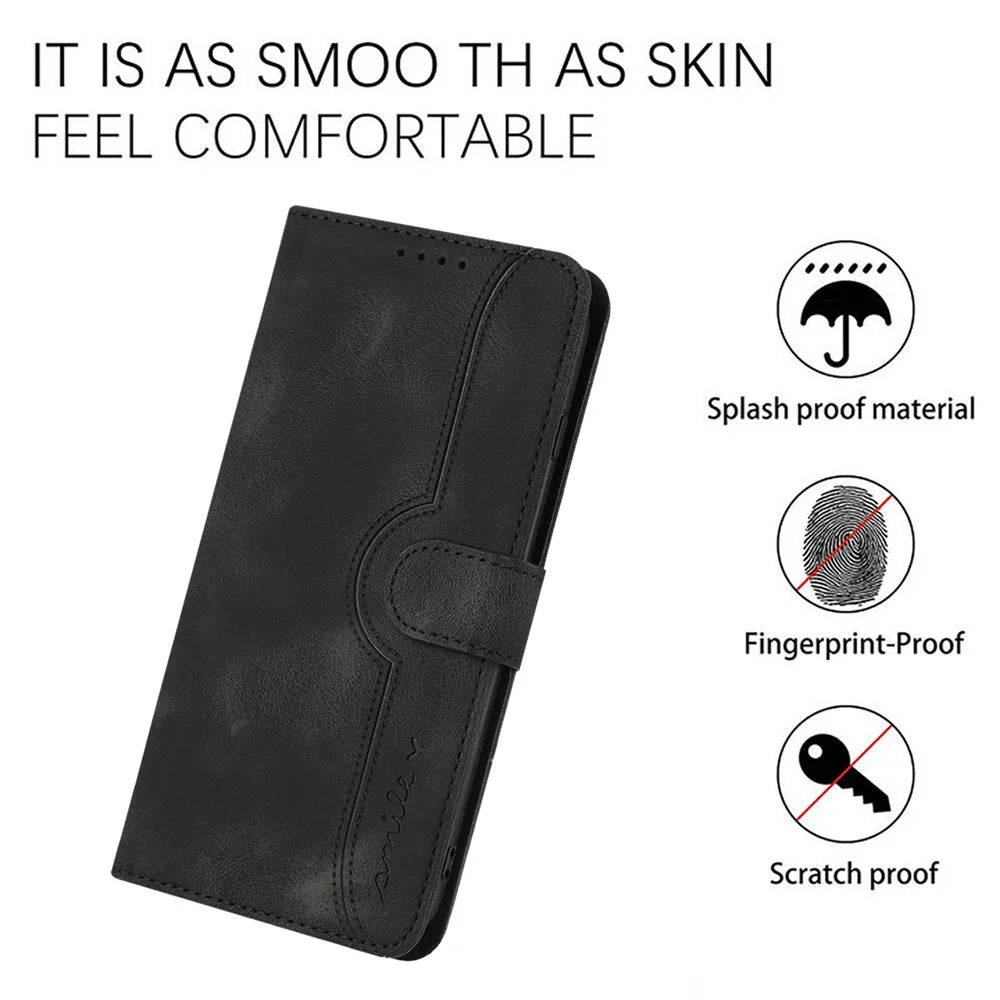 For iPhone 16 Pro Max Leather Case Wallet Stand Smile Imprinted Phone Cover with Strap - Black - 4