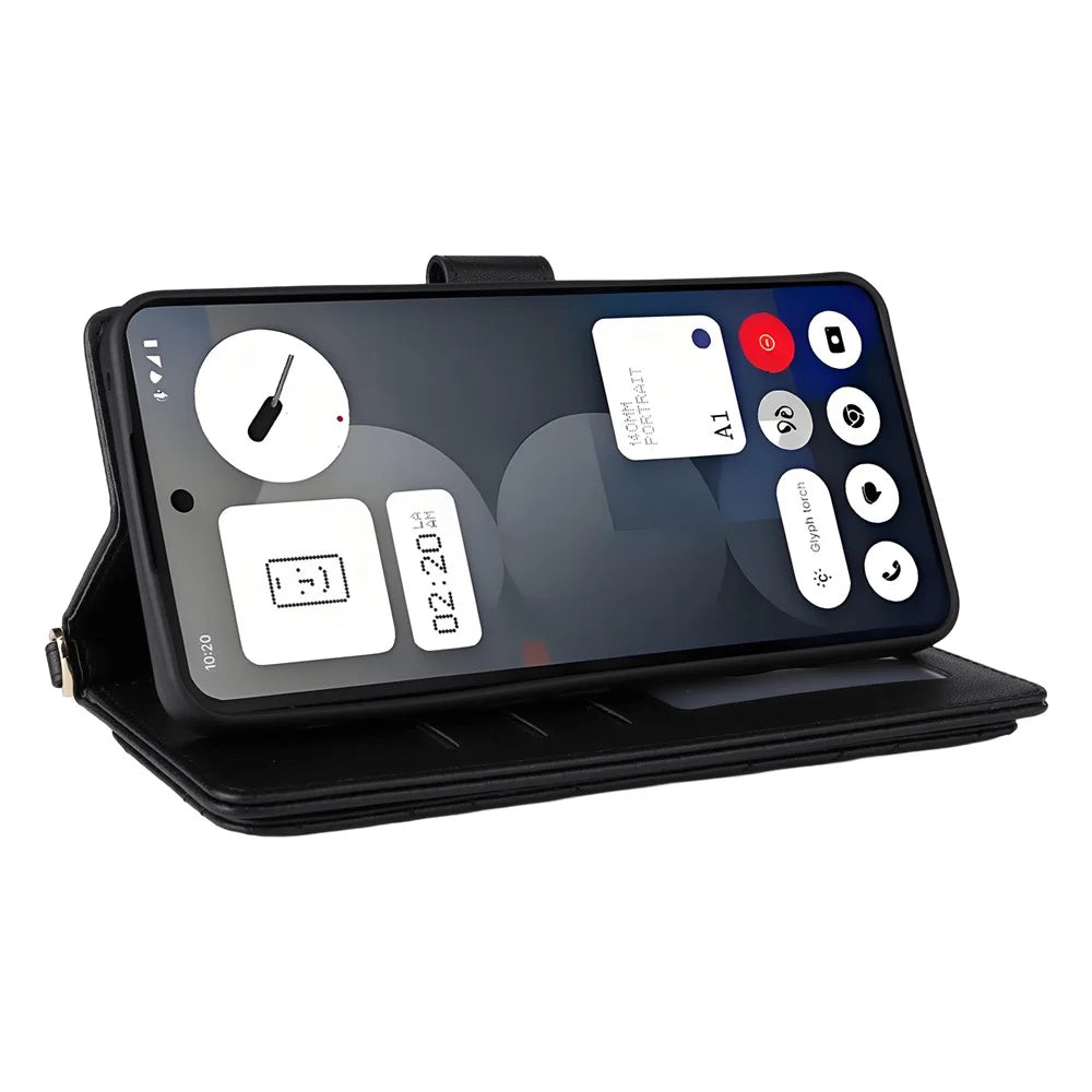 For Nothing Phone (3a) Pro Wallet Case with Shoulder / Wrist Strap Leather Phone Cover Stand - Black - 5