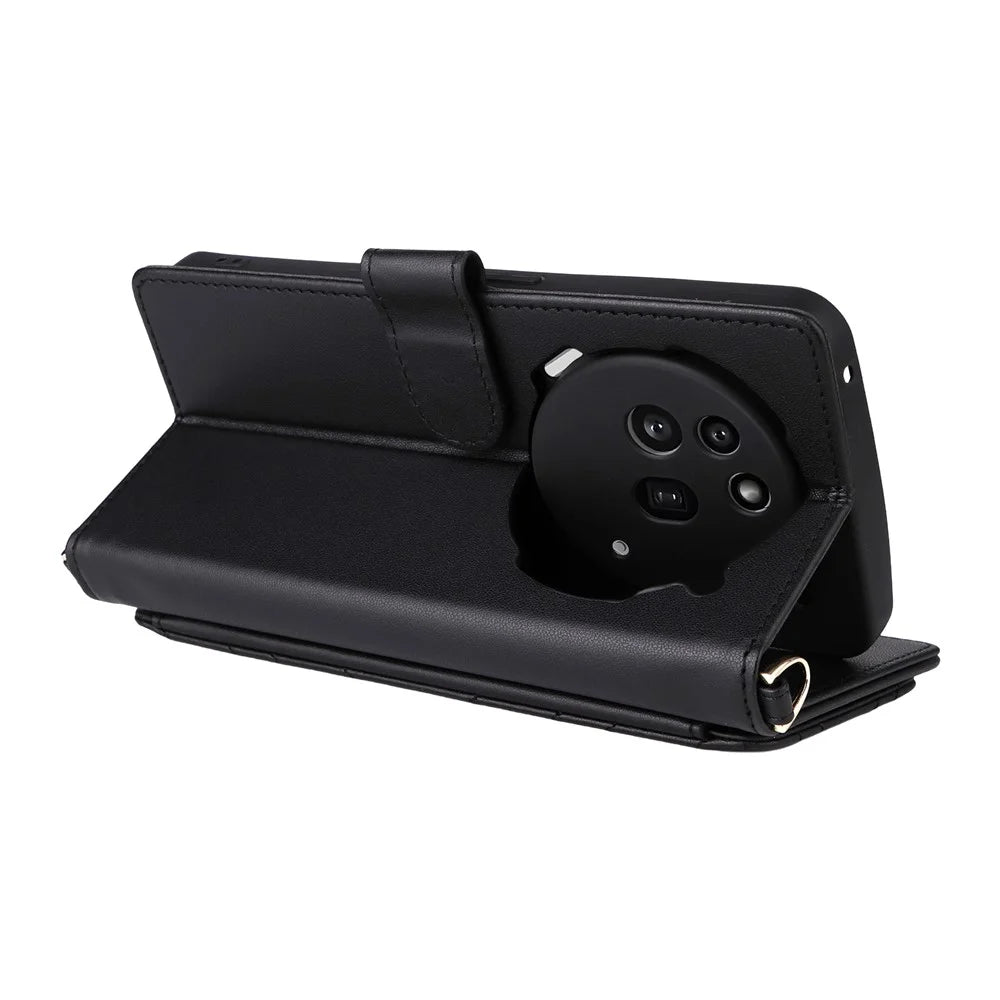 For Nothing Phone (3a) Pro Wallet Case with Shoulder / Wrist Strap Leather Phone Cover Stand - Black - 6