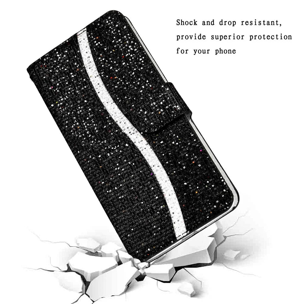 For iPhone 17e / 16e Case PU Leather Wallet Card Slots Glitter Phone Cover - Black - 4