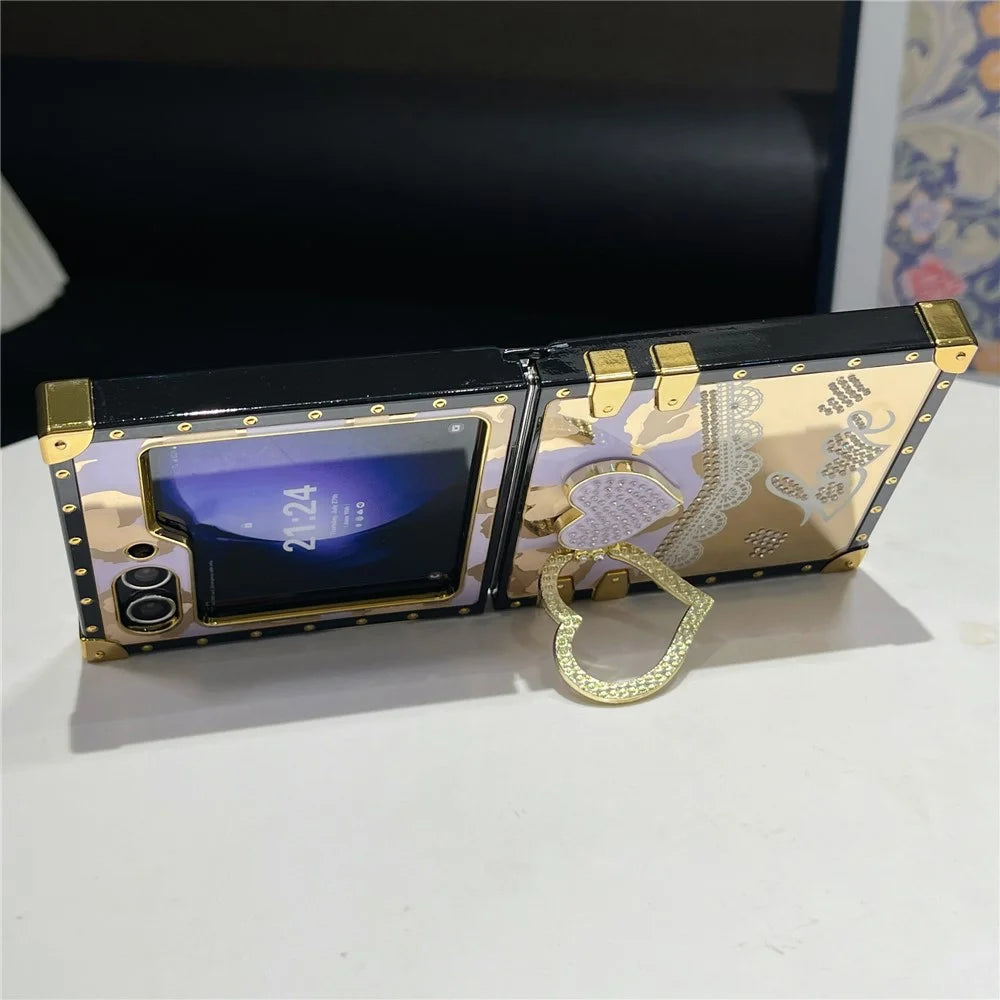 For Samsung Galaxy Z Flip7 FE 5G / Z Flip6 5G Case Heart Pattern Electroplating TPU + PC Phone Cover with Kickstand - Purple - 3