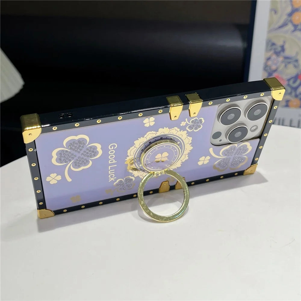 For iPhone 16 Pro Case with Kickstand Four Leaf Clover Pattern Electroplating TPU + PC Phone Cover - Purple - 3